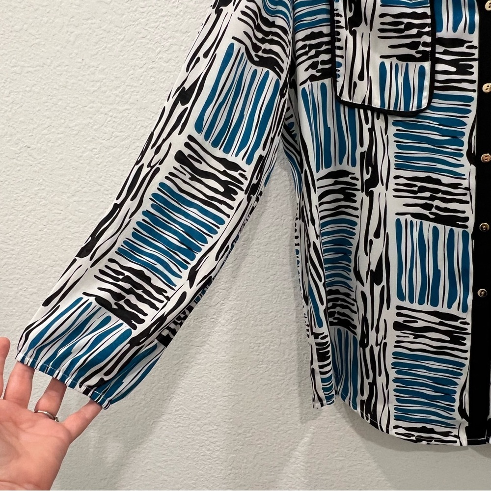 Alfani‎ Blouse Women's 12 Blue/Black Print Button Down Work Blouse Long Sleeves - Picture 3 of 6